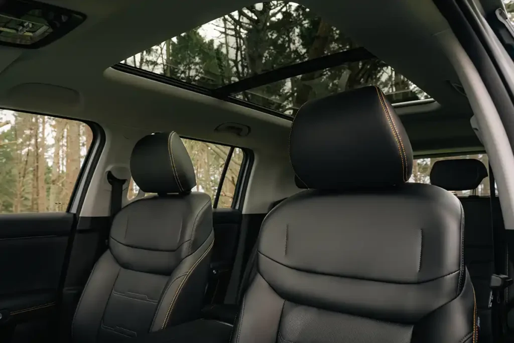 Looking up through the panoramic glass sunroof of a BAIC B30 SUV at a New Zealand forest