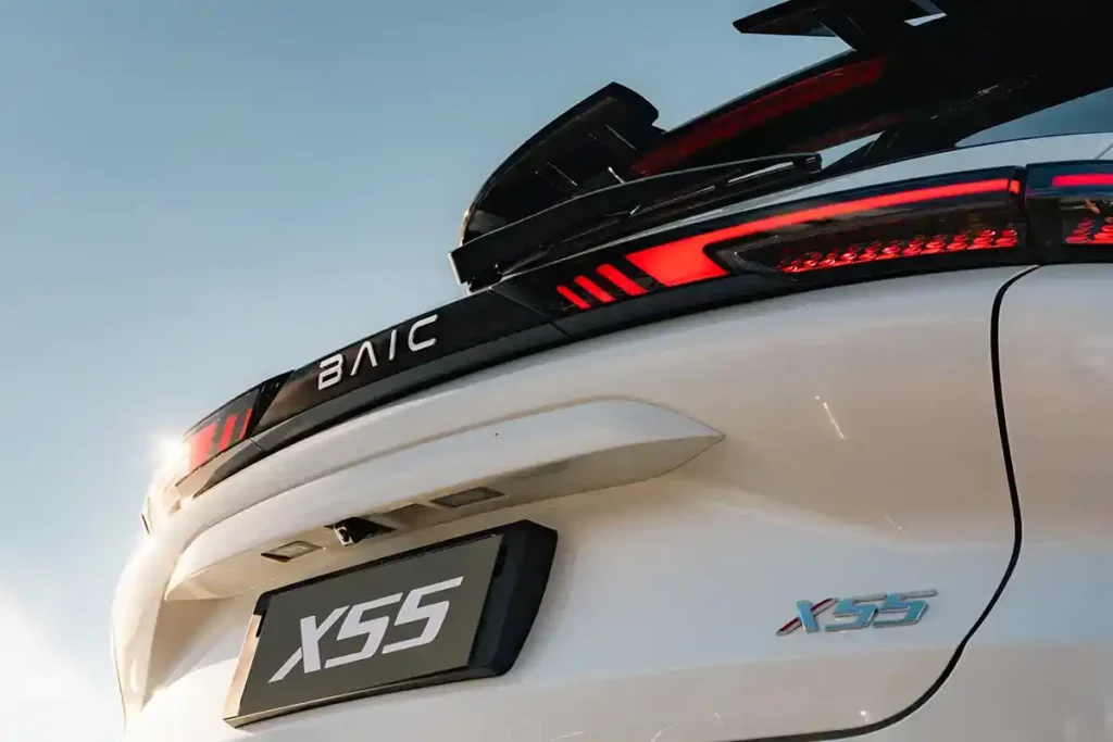 Close up of a white BAIC X55 SUV's rear lights