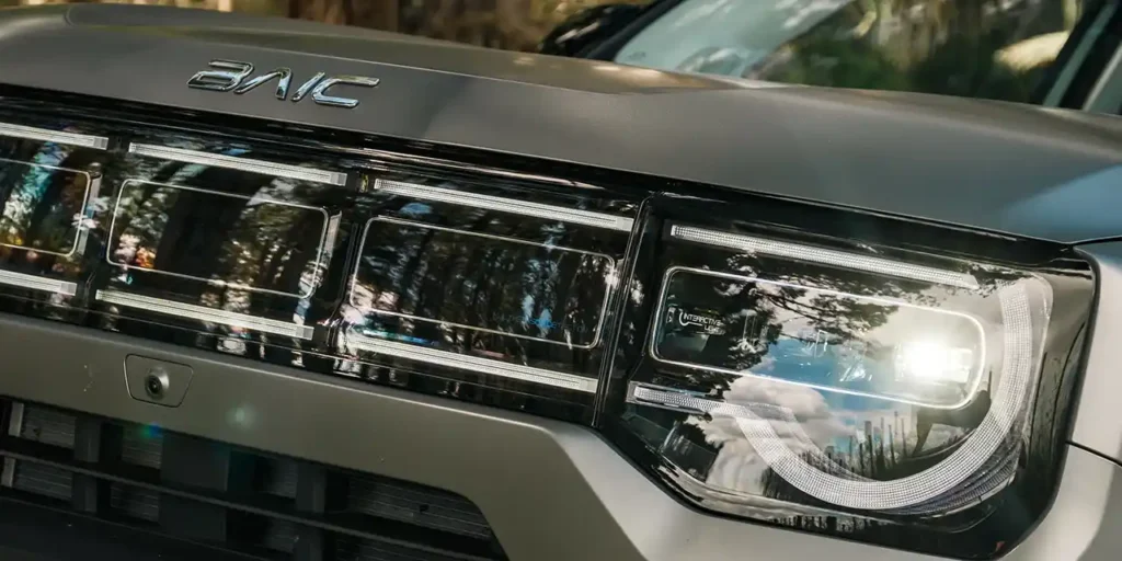 Close up of the front grille of a grey BAIC B30 SUV