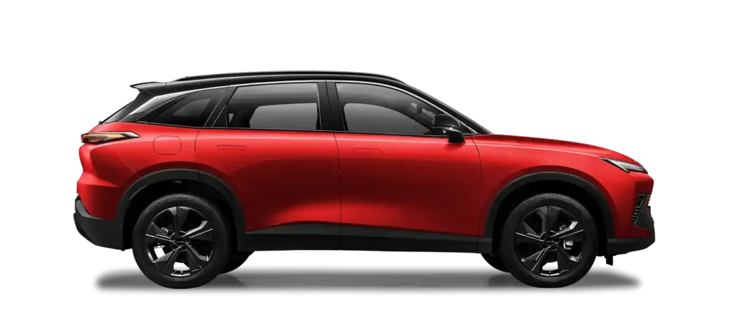 Side view of a red / black roof BAIC X55 SUV