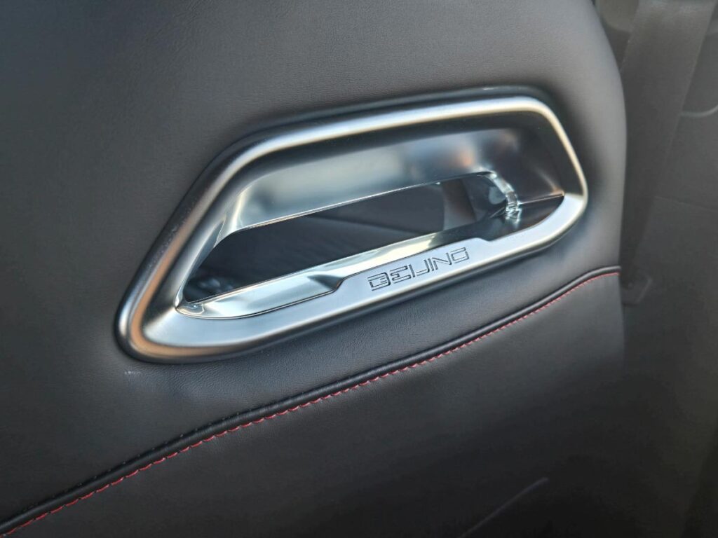 Close up of the seat back of the BAIC X55 crossover SUV embosses with 'Beijing'