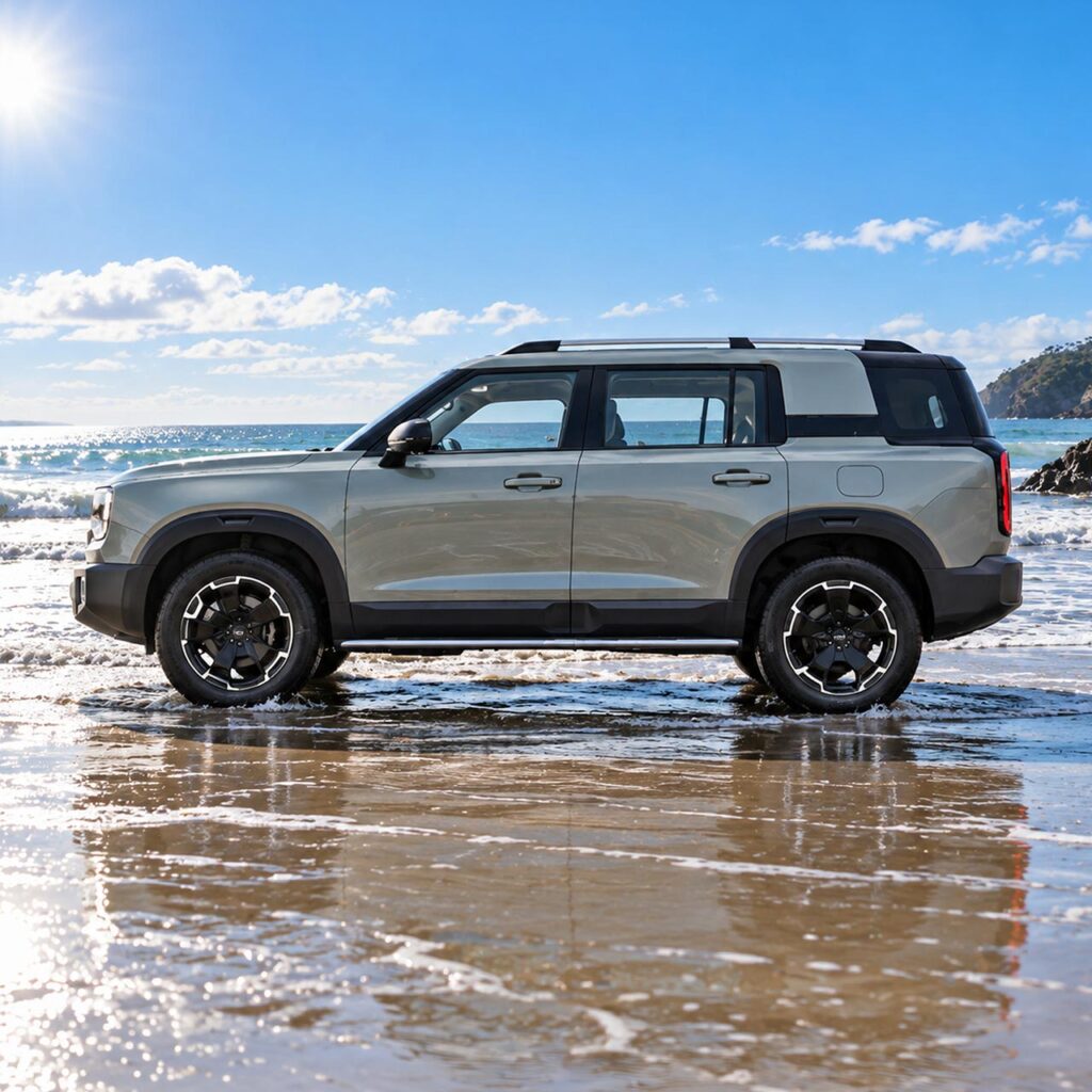 Side view of a silver BAIC B30 SUV parked on a beach
