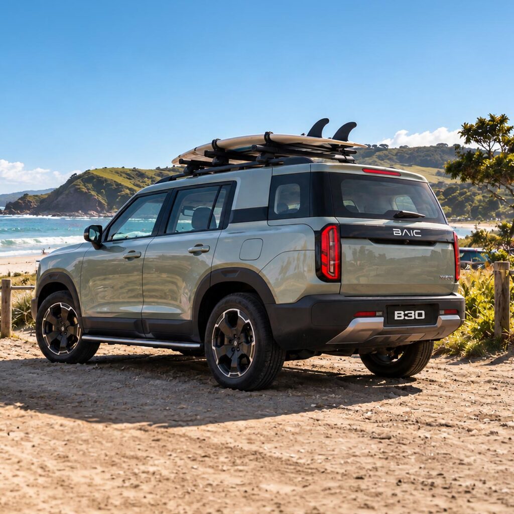 Rear three quarter view of a silver BAIC B30 SUV parked at the beach with surfboards on the roof racks