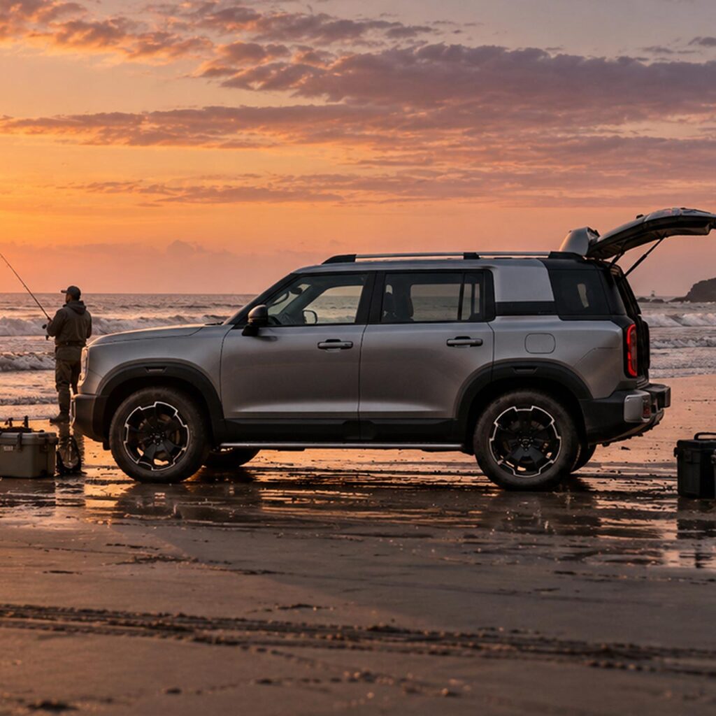 Side view of a silver BAIC B30 on the beach at sunset with the boot open and the owner fishing nearby
