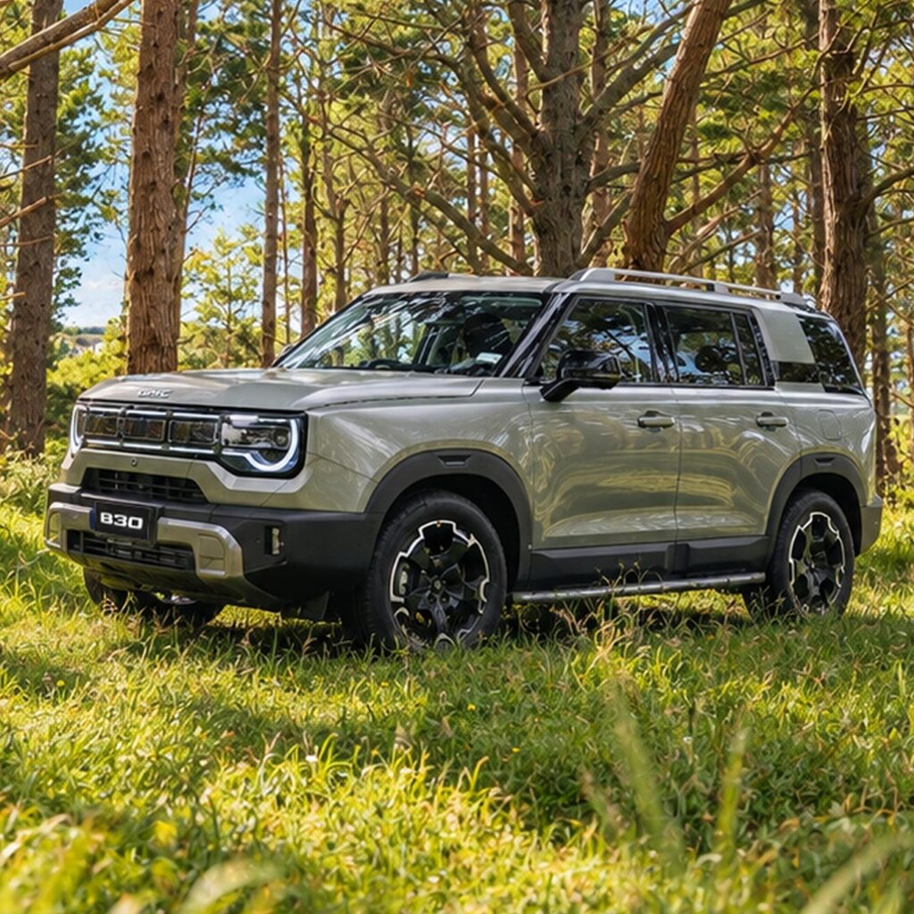 Front side view of a silver BAIC B30 SUV parked in a forest