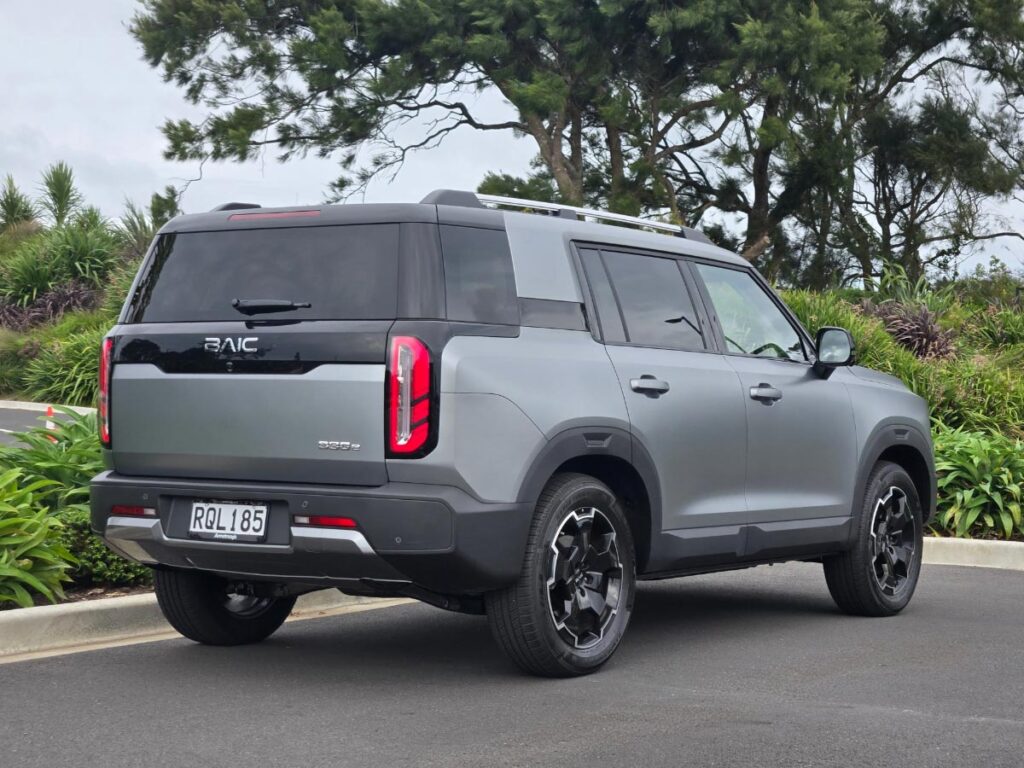 Rear three quarter view of a silver BAIC B30 hybrid SUV