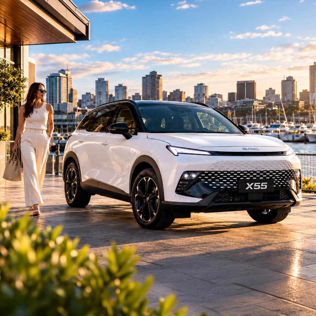 Front three quarter view of a white BAIC X55 crossover SUV with a woman standing next to the car and the city skyline in the background