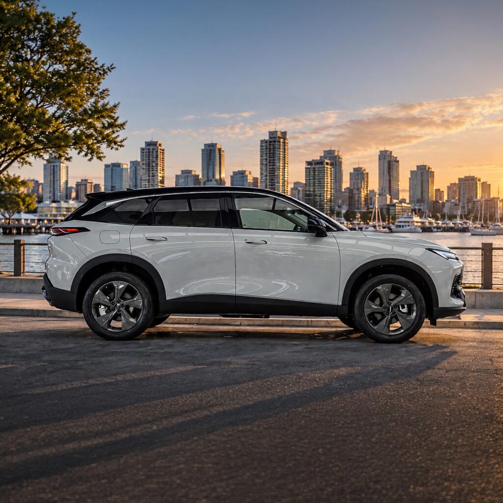 Side view of a white BAIC X55 crossover SUV with a city skyline in the background