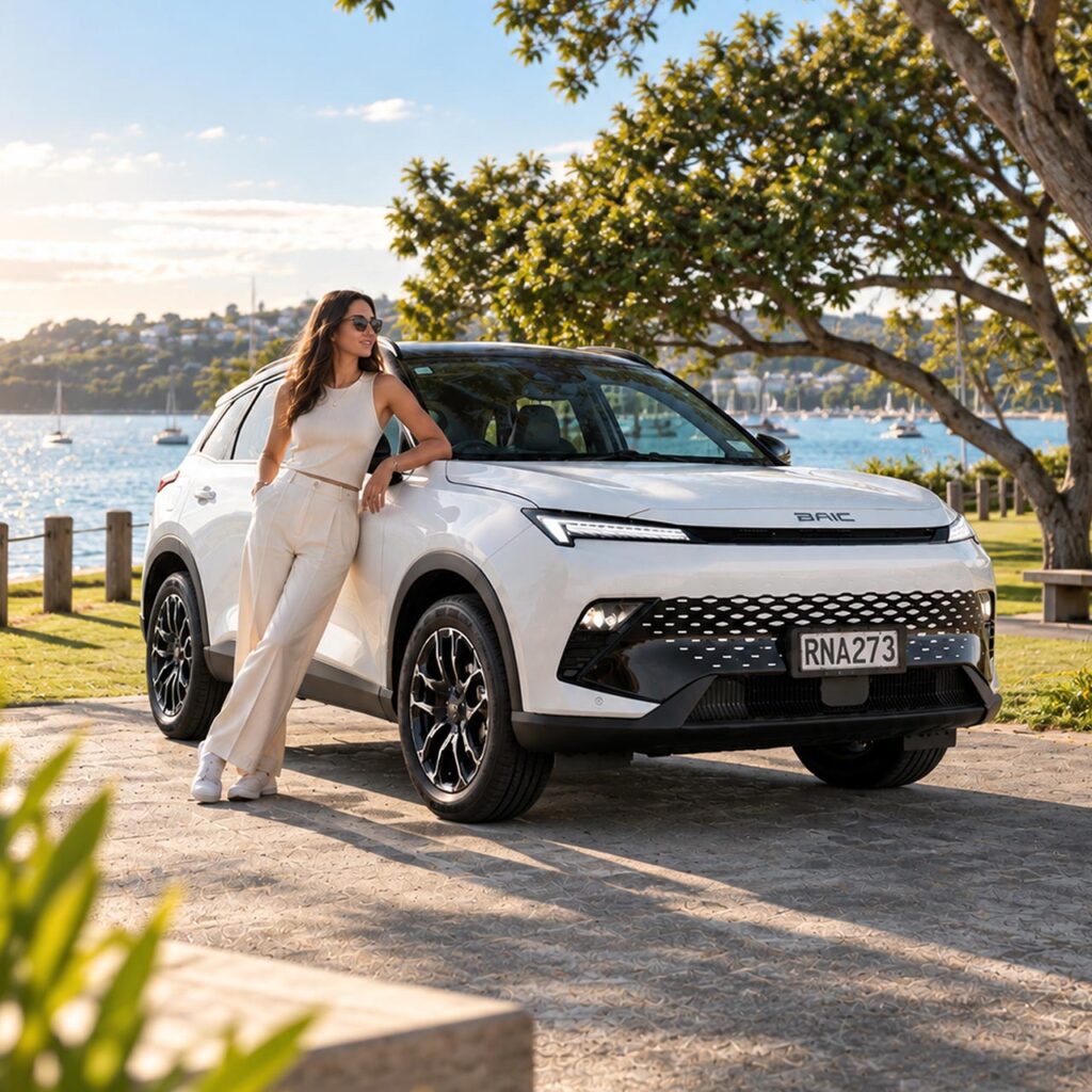 Front three quarter view of a white BAIC X55 crossover SUV with a woman leaning against the car in front of a harbour