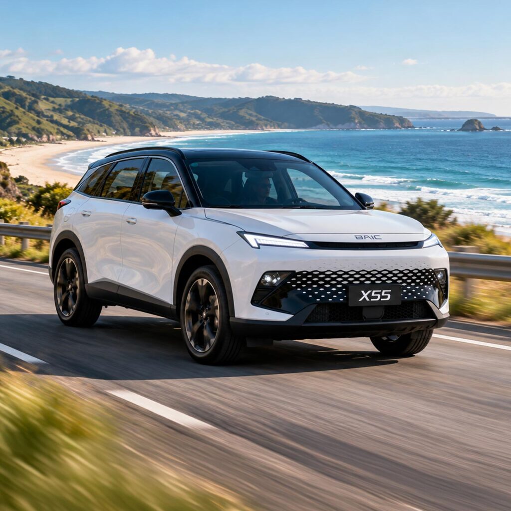 Front three quarter view of a white BAIC X55 crossover SUV driving past a beach